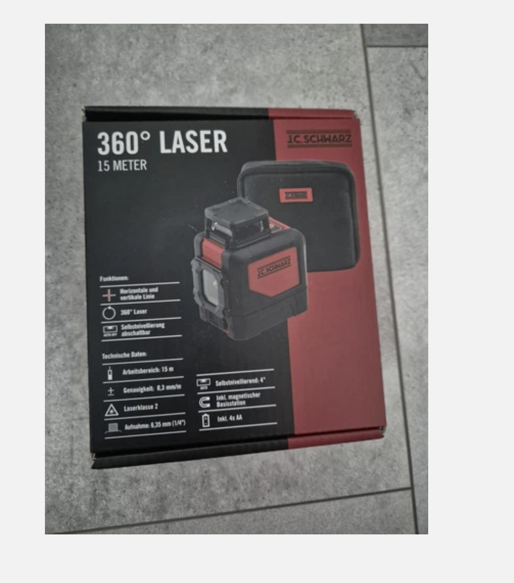 JC Schwarz 360°-Kreuzlinienlaser 15 m ohne Stativ inkl. Zubehör