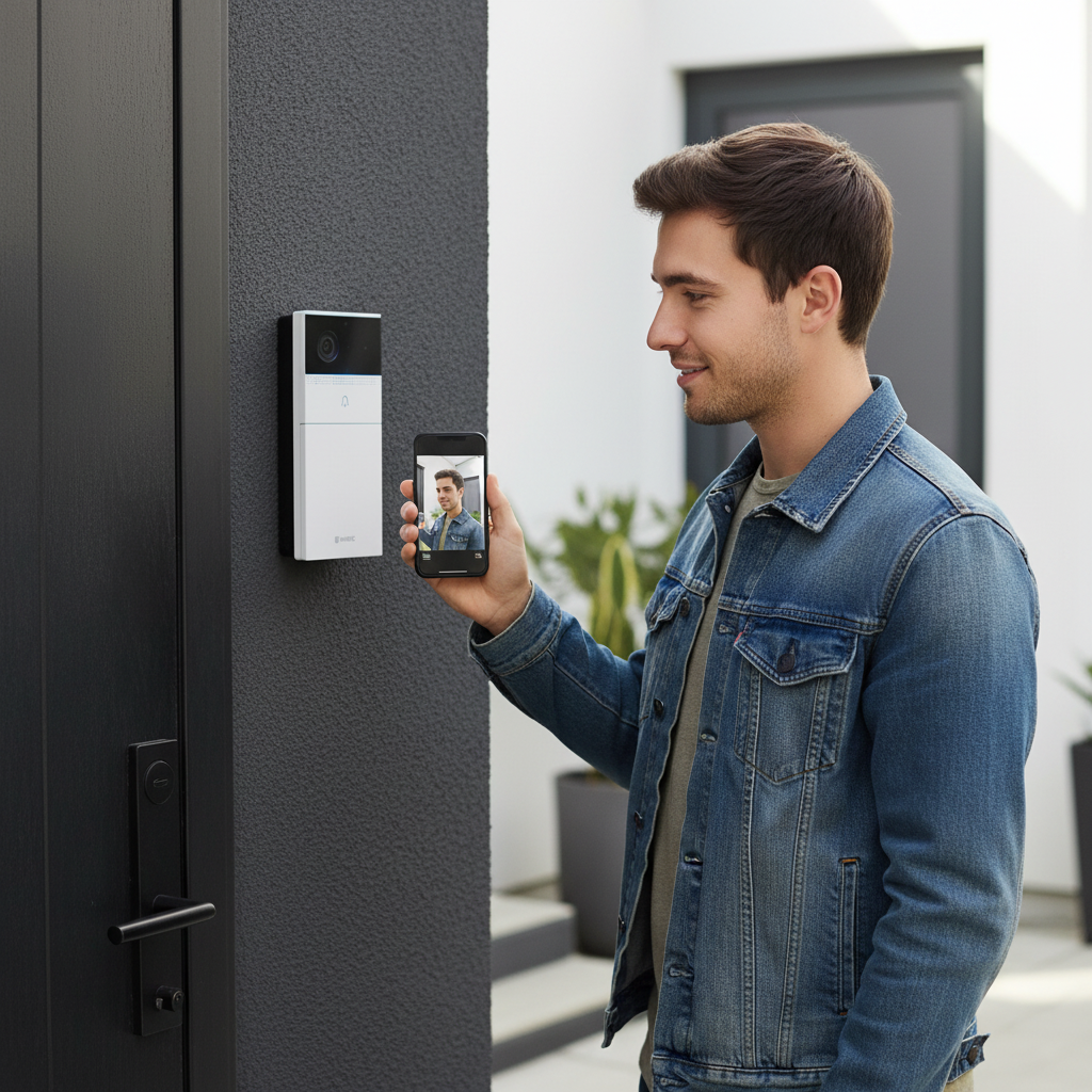 UNITEC WiFi Türkamera neben moderner Haustür mit Smartphone-Live-Feed