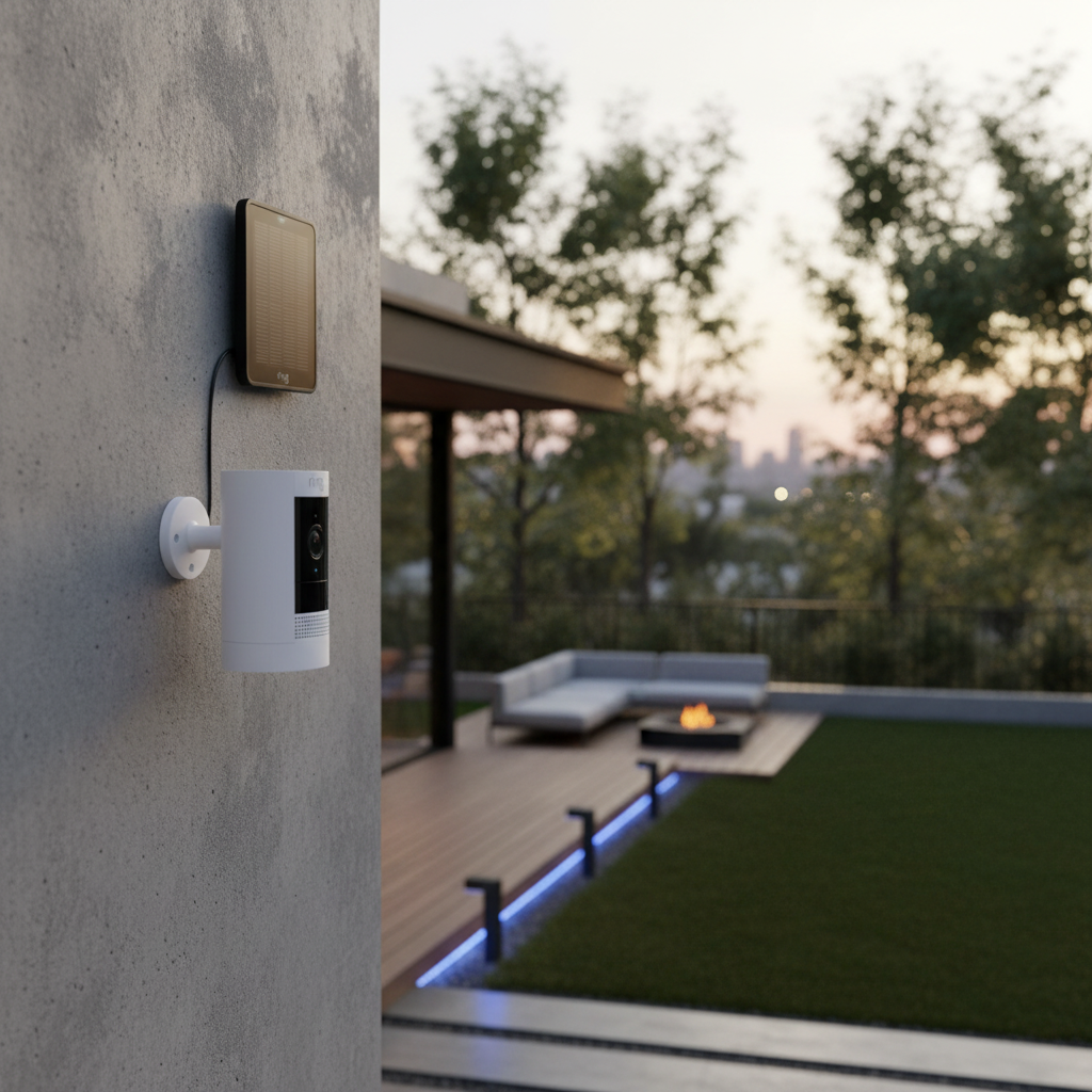 Ring Stick Up Cam Battery an Hauswand im Garten montiert
