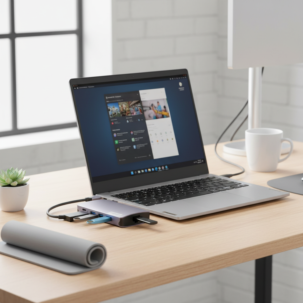 Lenovo 150 USB-C Travel Dock an Laptop auf modernem Schreibtisch