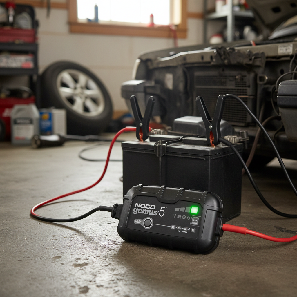 NOCO Genius 5 Batterieladegerät an Autobatterie in Garage angeschlossen