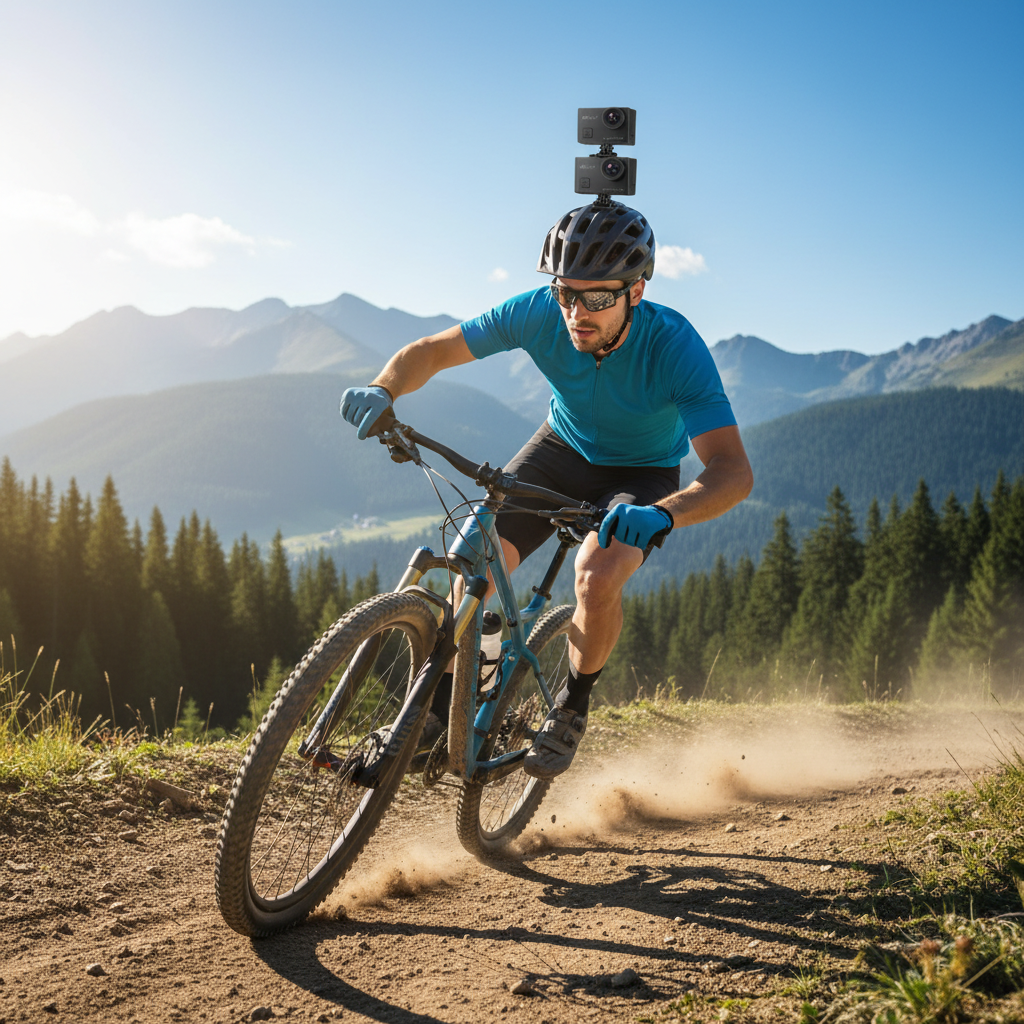 Surfola SF230 Action Cam am Helm eines Mountainbikers auf Bergpfad