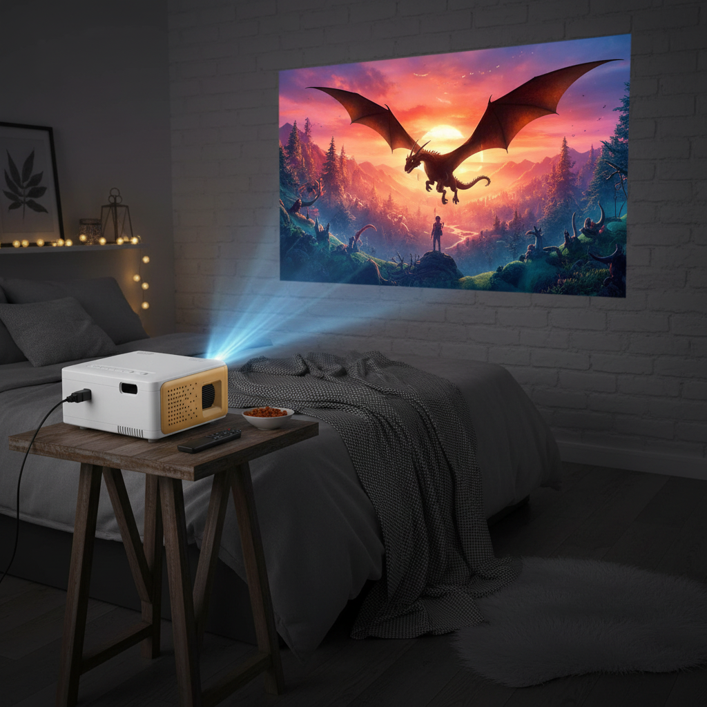 YOTON Mini Beamer Y3 projiziert Film an Wand im Schlafzimmer