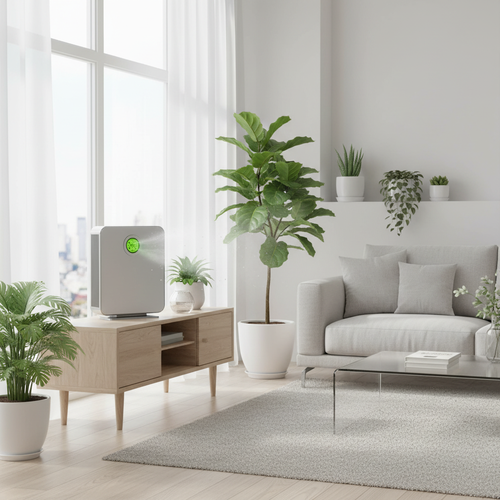 NEVOOX LF UVC 2000 Luftreiniger in modernem Wohnzimmer mit Pflanzen