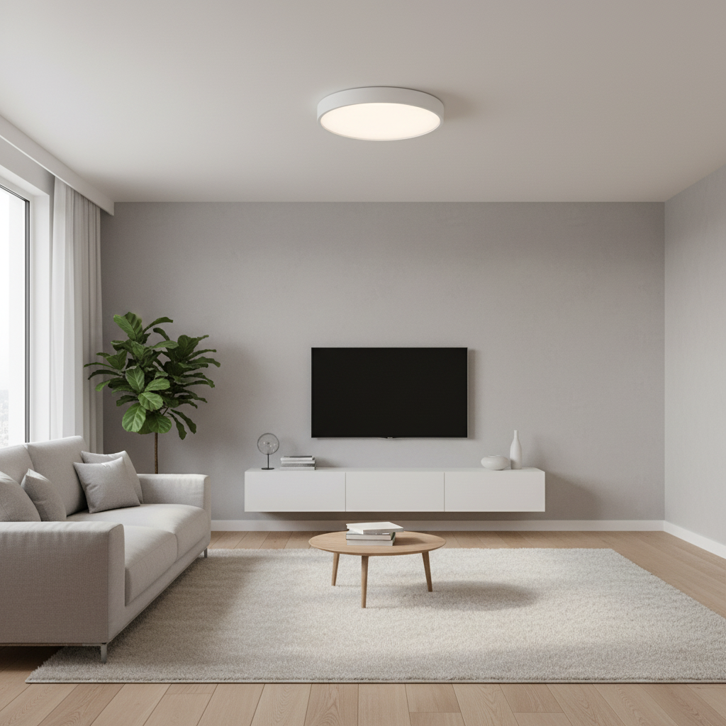 LED Deckenleuchte montiert in modernem Wohnzimmer