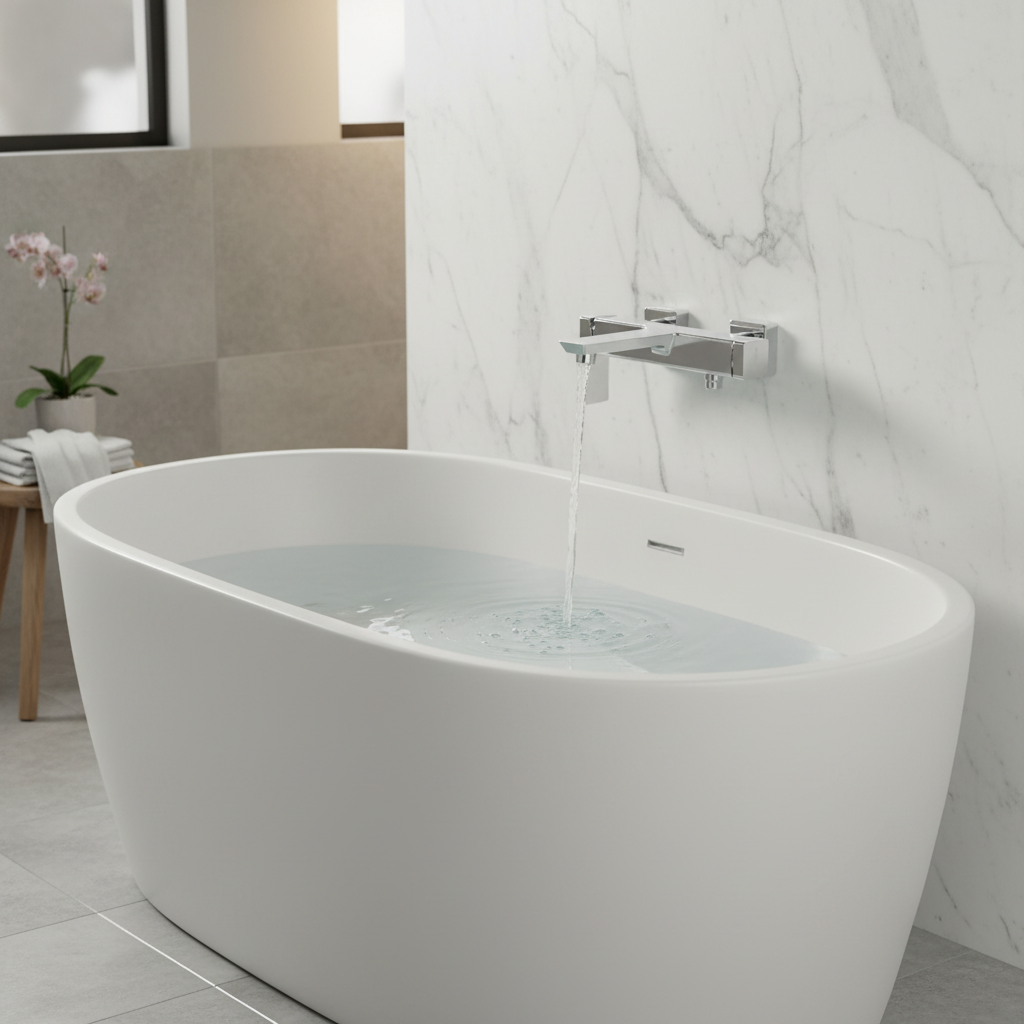 Villeroy & Boch Subway 3.0 Badewannenarmatur an weißer Badewanne im modernen Bad