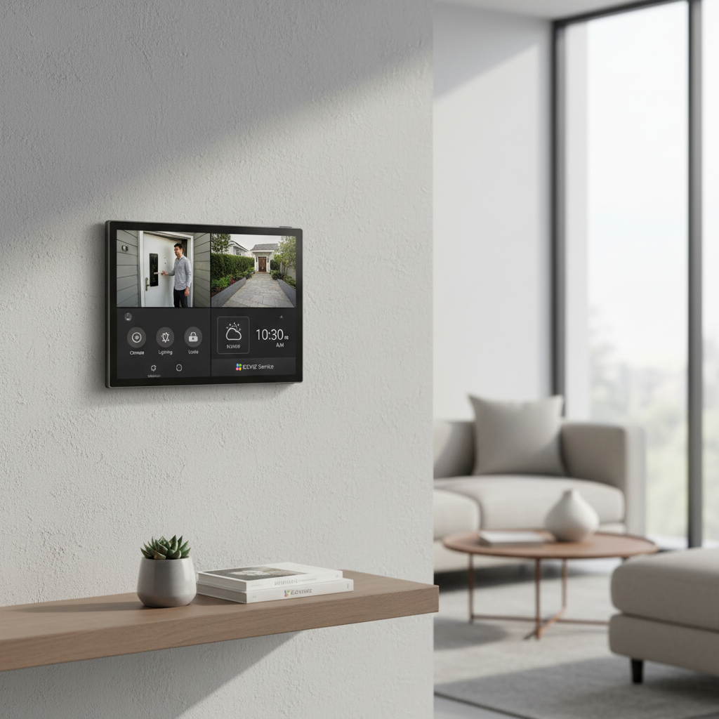 EZVIZ SD7 Smart Home Monitor an Wohnzimmerwand mit Kamera-Feeds