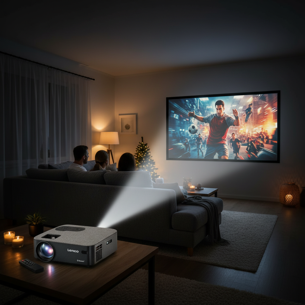 Lenco LPJ-700BKGY Beamer projiziert Film auf Wand in dunklem Wohnzimmer