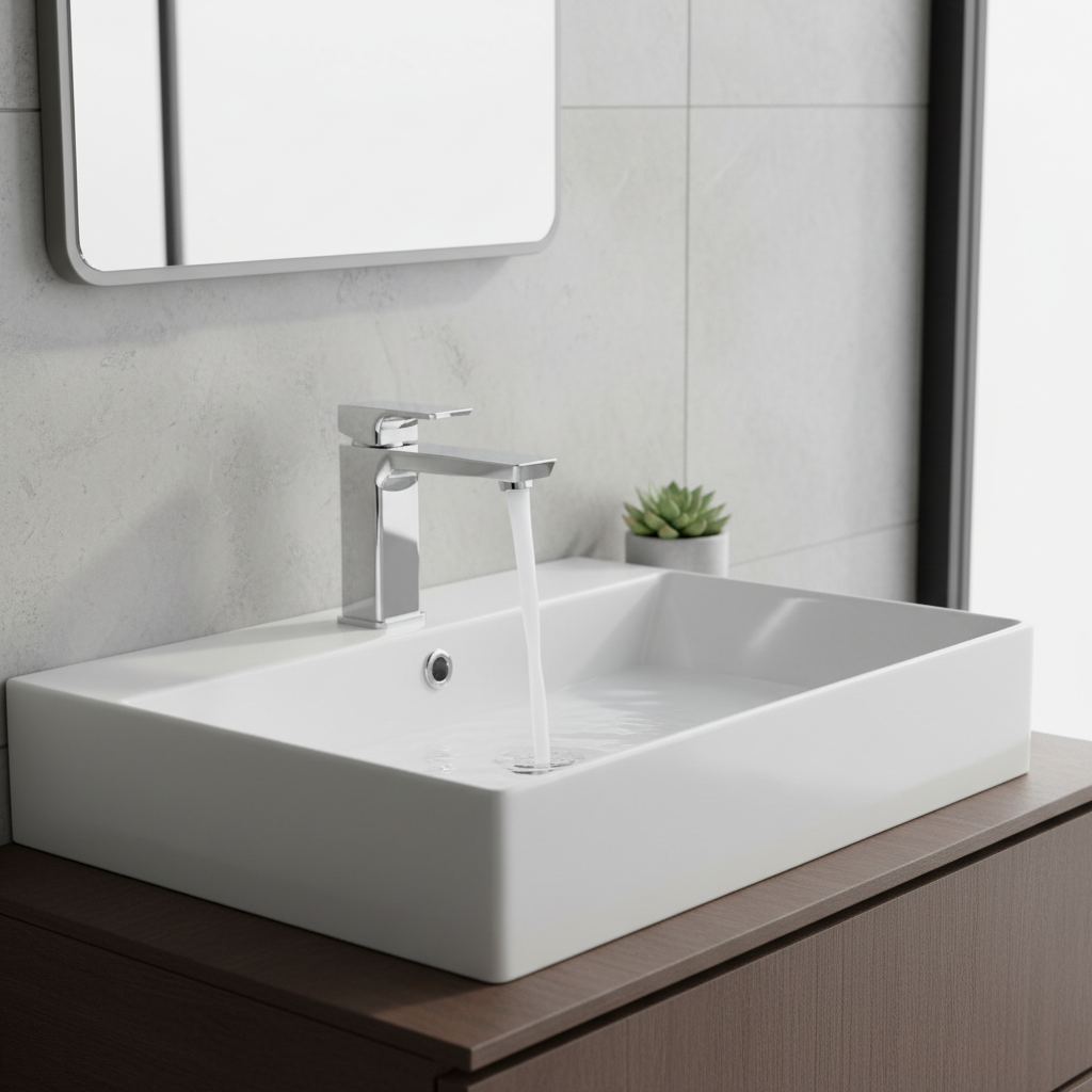 Villeroy & Boch Subway 3.0 Waschtischarmatur an weißem Waschbecken im modernen Bad