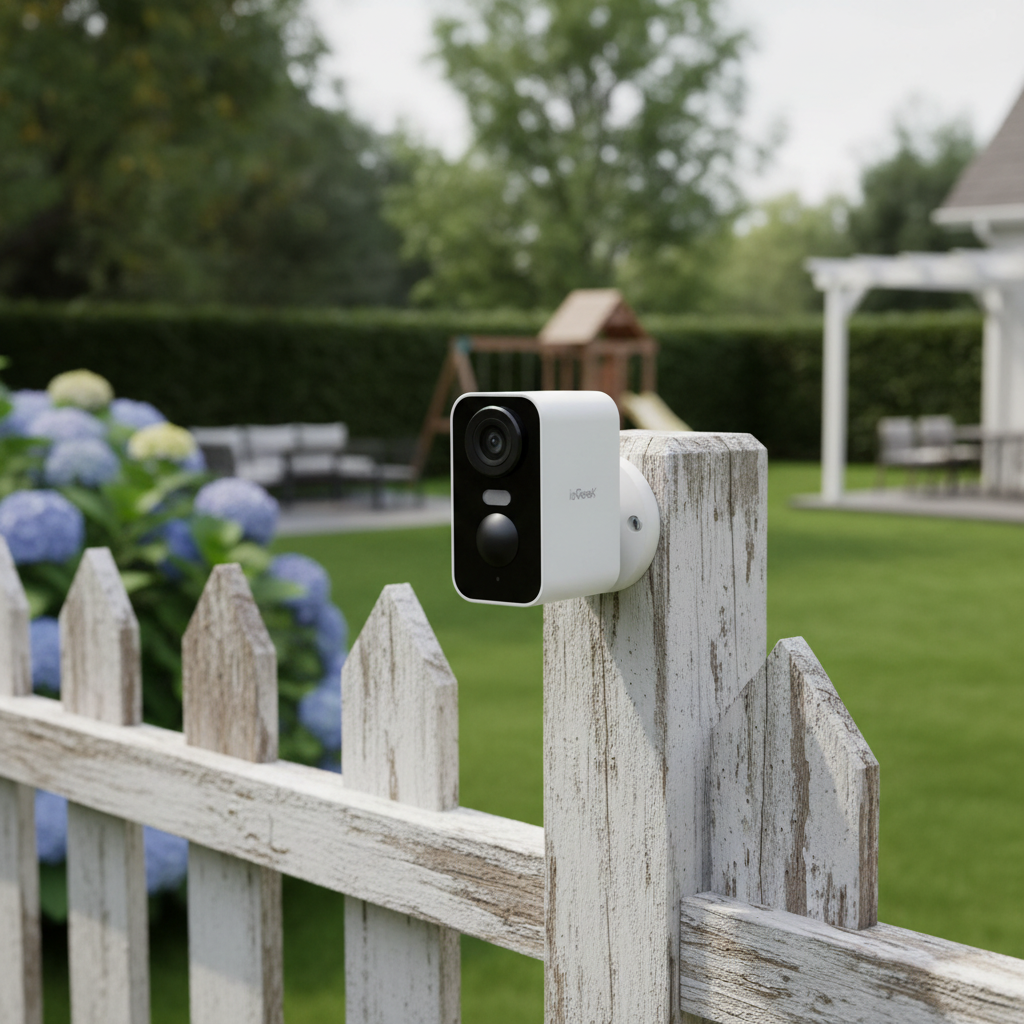 ioGeek kabellose Akku-Kamera an Gartenzaun montiert