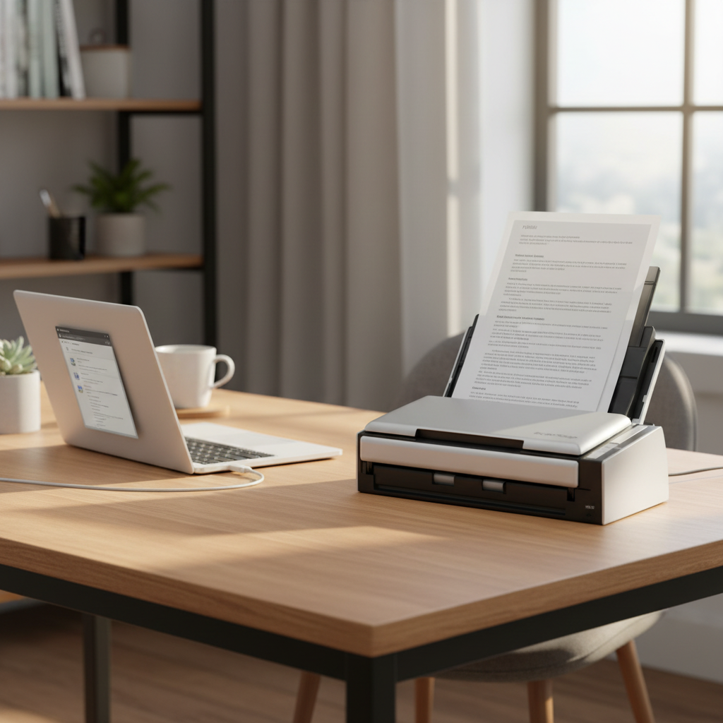 Fujitsu ScanSnap S1300 Scanner auf Schreibtisch beim Scannen eines Dokuments